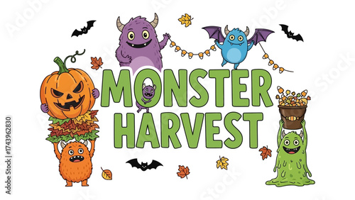 Monster Harvest Fun: Playful monsters frolic in a festive scene filled with autumn leaves, pumpkins, and delightful decorations. The image conveys the joy of fall harvest.