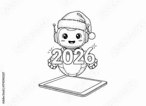 AI assistant wearing a Santa Claus hat floating above a tablet screen and holding holographic numbers 2026, artificial intelligence development in 2026, sketch vector illustration