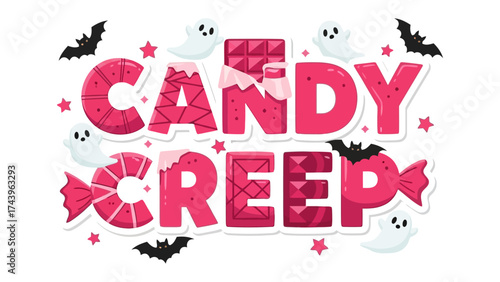 Candy Creep Illustration: An illustrative design spells out Candy Creep with a playful mix of spooky Halloween-themed elements, perfect for seasonal promotions and fun digital projects.