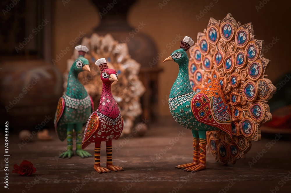 Obraz premium Handcrafted wooden peacock figurines in traditional style