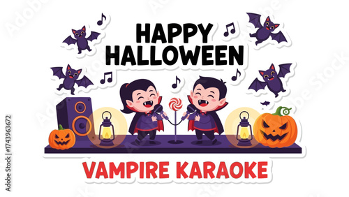 Happy Halloween Vampire Karaoke: An inviting scene unfolds, complete with cheerful pumpkins and whimsical bats, as two endearing vampire singers seize the stage for a Karaoke night.