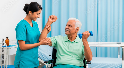 Elderly man in wheelchair doing physical therapy with dumbbell