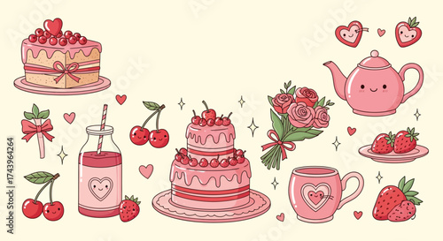 Cute Kawaii Valentine's Day Sweet Treats and Drinks Collection Vector Art