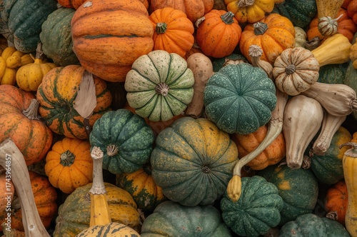 Wallpaper Mural Vibrant assortment of decorative gourds and squash in autumnal hues of orange, green, and yellow, ideal for fall-themed decor showcasing seasonal variety and texture. Torontodigital.ca