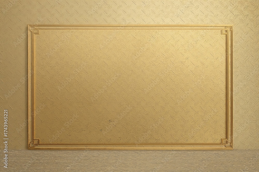 Fototapeta premium New wallpaper design showcases a golden frame set against a smooth gold backdrop, adorned with detailed line patterns and textures mimicking a metallic surface, adding a luxurious feel