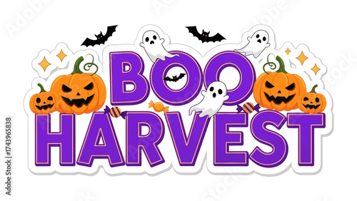 Boo Harvest: A vibrant illustration of Halloween spirit, featuring a festive arrangement of pumpkins, ghosts, bats, and celebratory text.