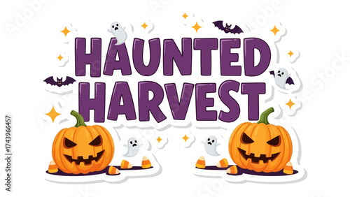 Haunted Harvest: Spooky symbols, including a grinning pumpkin, whimsical ghost, and swooping bat, creates the playful atmosphere of the autumn season, symbolizing harvest time