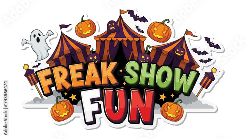Freak Show Fun: A colorful and whimsical illustration of a spooky carnival scene, featuring a whimsical freak show, ghostly apparitions, grinning pumpkins.