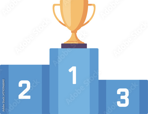 Winners podium vector with gold trophy, first second third place ranking design, competition achievement illustration, award ceremony graphic asset
