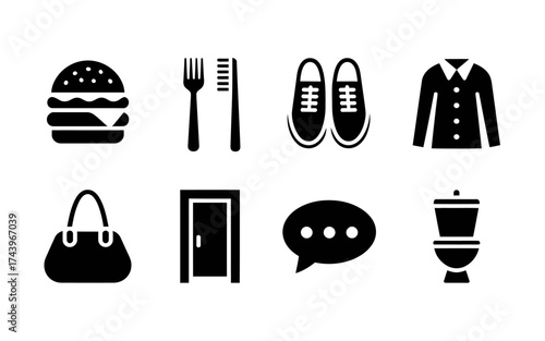 Collection of everyday object icons in solid black color vector illustration modern style design elements depicting lifestyle