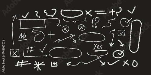 Collection of chalk hand drawn arrows checkmarks circles boxes and abstract shapes for notes