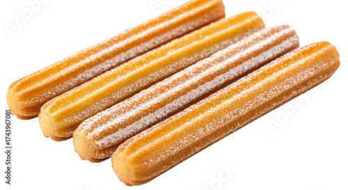 Four golden brown churros dusted with powdered sugar isolated on white background