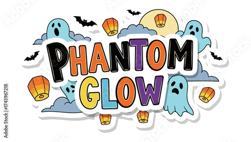 Phantom Glow Halloween Graphic: A whimsical Halloween illustration that radiates a festive atmosphere with floating lantern, spooky ghost and flying bats, the phantom glow logo above.