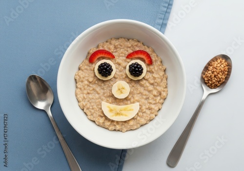 Healthy oatmeal breakfast with a smiley face made of fruit and berries, served in a bowl with a spoon and a napkin