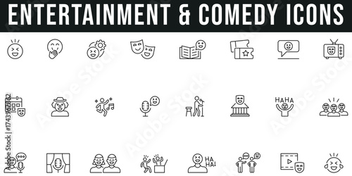 Entertainment and Comedy line icon set covers stand-up, funny, laugh, joke, smile, clown, ticket, event, cosmic humor, and theater shows. Simple vectors with editable strokes clean and minimal design.