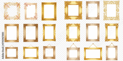 A collection of ornate gold picture frames in various styles and sizes, arranged on a transparent background.