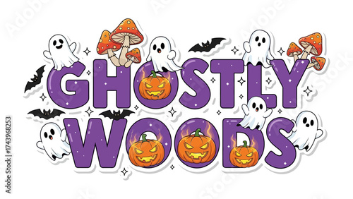 Spooky Festivities in the Woods: A whimsical scene of cartoonish ghosts, grinning jack-o'-lanterns, and bats, with colorful mushrooms in a spellbinding Halloween festival setting. 