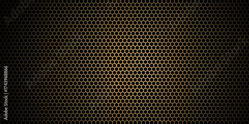 Luxury black and gold hexagon background with metallic texture and light shadow effect. Elegant modern design. Vector illustration.
