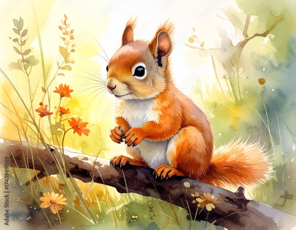 Fototapeta premium Ein kleines Eichhörnchen-Jungtier sitzt auf einem Ast