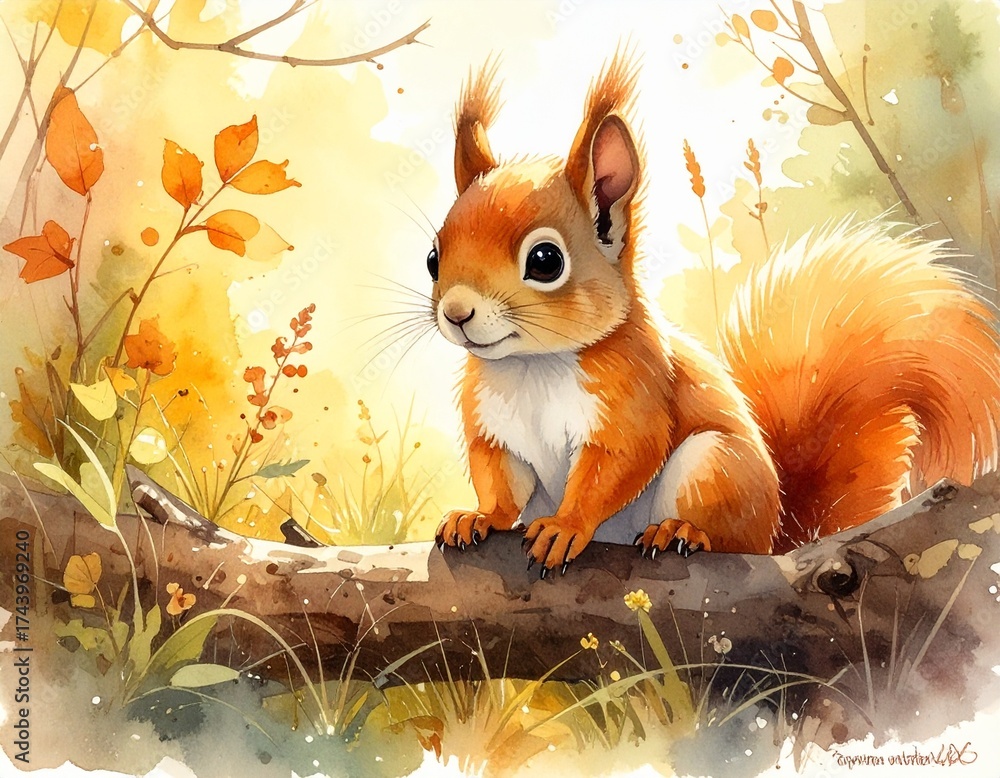 Fototapeta premium Ein kleines Eichhörnchen-Jungtier sitzt auf einem Ast