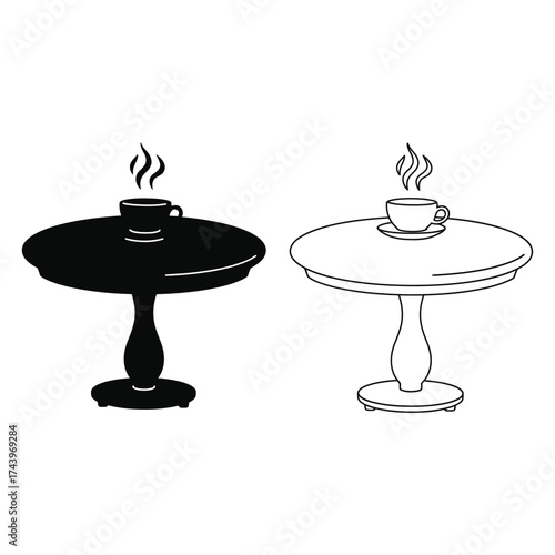 Coffee cup on table line art and silhouette drink hot beverage steam furniture cafe restaurant design icon
