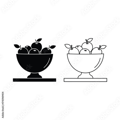 Apples in a bowl, black and white vector illustration fruit food healthy fresh design graphic icon symbol