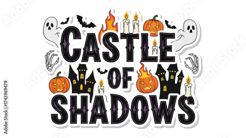 Castle of Shadows: A spooky emblem conjuring the spirit of Halloween, combining elements of a haunted castle, ghostly figures, and vibrant Halloween symbols for the perfect eerie vibe.