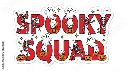 Spooky Squad Gathering for Halloween: An inviting and festive design showcases a 'Spooky Squad' of playful ghosts and skeletons, alongside smiling jack-o'-lanterns.