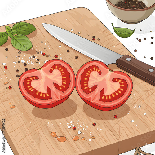 Two fresh tomato halves, basil, salt, and pepper on a cutting board with a knife. This inviting illustration is perfect for showcasing the delicious start to any healthy recipe or meal prep.