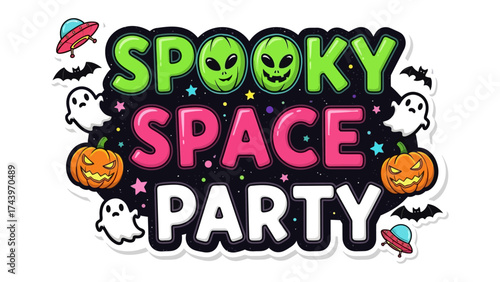 Spooky Space Party: A colorful and playful illustration invites guests to a 'Spooky Space Party,' a vibrant fusion of Halloween and outer space themes.