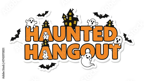 Haunted Hangout: An inviting spooky scene with ghostly figures and eerie silhouettes of bats and a haunted house. Perfect for Halloween. 