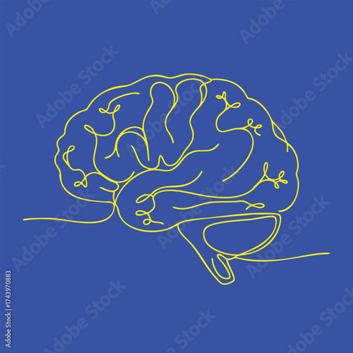 Minimalist Line Drawing of a Human Brain on a Solid Blue with Abstract Style