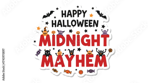 Spooky Midnight Mayhem: A vibrant Halloween-themed illustration, with playful characters and decorations creating a festive mood. Capturing the essence of the holiday's fun. 