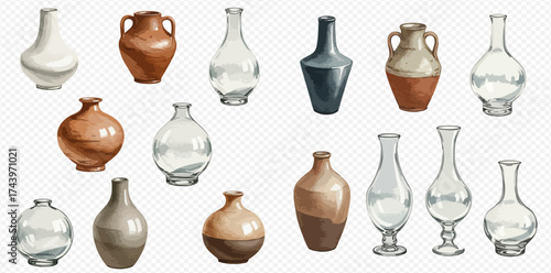 Collection of vases in various shapes, sizes, and colors, arranged against a transparent background.