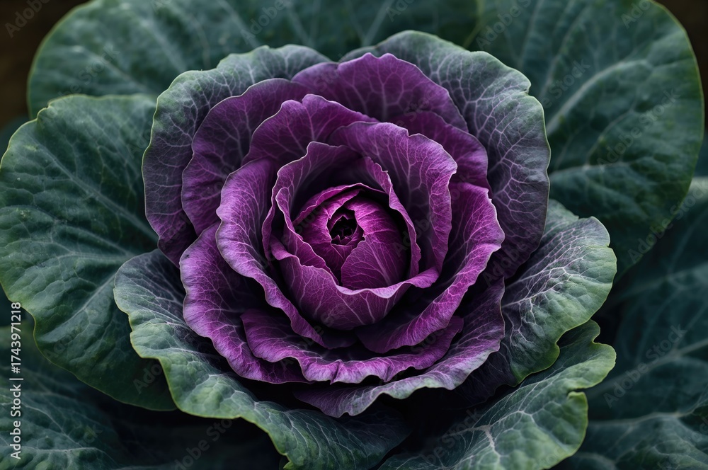Obraz premium A vibrant purple lettuce flowering in an agricultural field. Natural scenery ideal as wallpaper or backdrop with themes of flora, design, cuisine, and seasonal beauty.