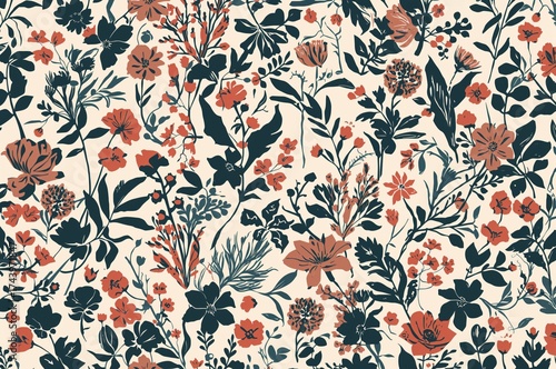 Seamless pattern of meadow blossoms in a retro silhouette style for fashion, textiles, websites, wallpaper, gift wrap, and all types of prints on a vintage backdrop