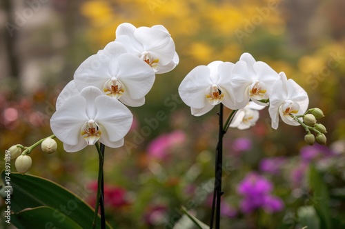Winter or spring garden scene with blooming orchids and fresh leaves