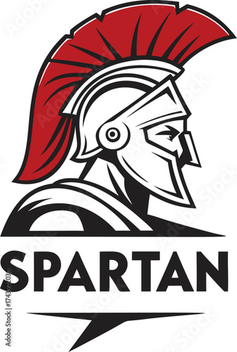 Spartan head logo design, a vector illustration of a Greek warrior in a helmet with a red crest. Mascot emblem for a sports team or gaming clan, symbolizing power and strength.