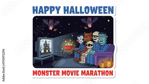 Happy Halloween, Monster Movie Marathon: A festive illustration captures the spirit of Halloween. Ghouls and ghosts gather in front of a television, watching a thrilling film.