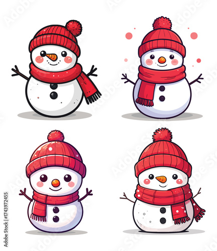 Four Cute Snowmen in Red Hats and Scarves