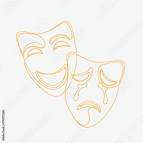 Two theatrical masks representing comedy and tragedy with expressive facial features and contrasting emotions