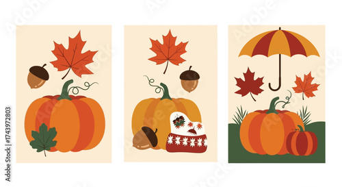 Autumn Harvest: Pumpkins, Acorns, Maple Leaves, and Umbrella Graphic Collection