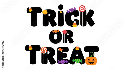 Spooky Halloween Festivities: Captivating design showcases a festive Trick or Treat message, complemented by delightful candy, setting the stage for a night filled with fun, treats.