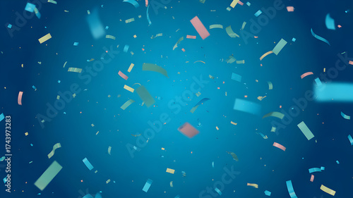 Celebration background with falling confetti on a blue gradient colored background design element