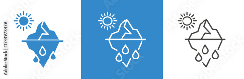 flat and linear set icons, iceberg melting icon, sun and glacier, change climate, problem global warming, simple symbols on white and black background - editable stroke vector illustration