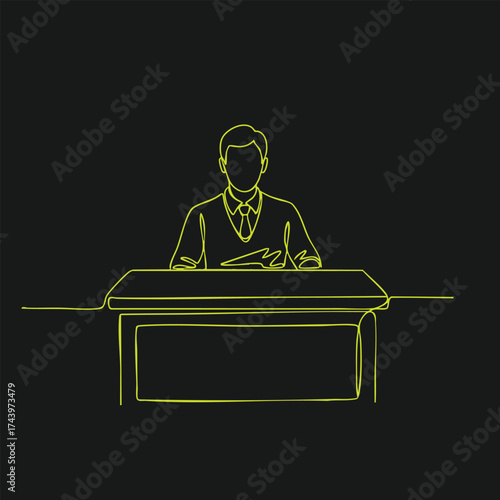 Minimalist neon line drawing of a professional man sitting at a desk with a document in a dark