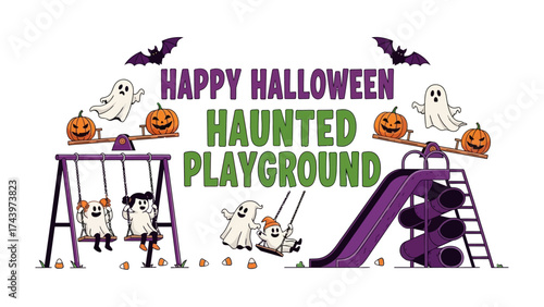 Happy Halloween Haunted Playground: Spooky fun awaits in this whimsical scene, with playful ghosts and pumpkins at a haunted playground, filled with eerie atmosphere.