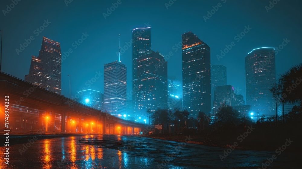 Fototapeta premium Photrealistic Photograph of the Houston skyline in a cyberpunk aesthetic at nighttime, small orange and blue accents 