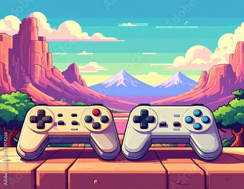 Pixelated Gaming Controllers with Mountain Landscape in Vibrant Colors
