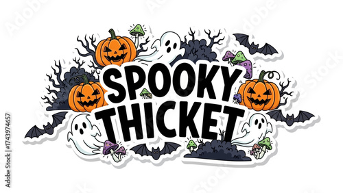 Spooky Thicket Illustration: A whimsical illustration, inviting a journey into a spirited Halloween night, where spooky pumpkins, eerie ghosts, and fluttering bats reside.